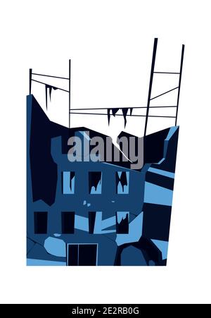 Edificio distrutto, struttura danneggiata, conseguenze di un disastro, cataclisma o guerra, vettore cartoon illustrazione isolata Illustrazione Vettoriale