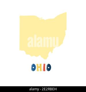 Collezione USA. Mappa dell'Ohio - silhouette gialla. Scritta doodling stile Illustrazione Vettoriale