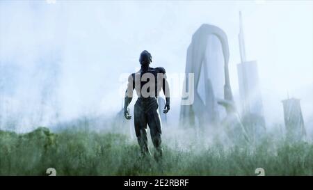 soldati militari dello spazio del futuro su un prato verde sullo sfondo di una città futuristica. rendering 3d. Foto Stock