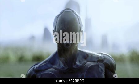 soldati militari dello spazio del futuro su un prato verde sullo sfondo di una città futuristica. rendering 3d. Foto Stock