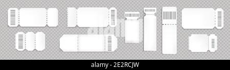 Mockup di biglietti vuoti con codice a barre e linea punteggiata. Modelli vuoti per concerti, cinema e trasporti. Coupon per lotteria bianchi isolati su sfondo trasparente, set vettoriale 3d realistico Illustrazione Vettoriale