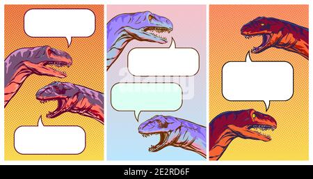 Insieme di sfondi verticali con dinosauri parlanti in stile comico, divertente illustrazione del dialogo dei social media. Lipart Vector Illustrazione Vettoriale