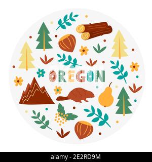 Collezione USA. Illustrazione vettoriale del tema Oregon. Simboli di stato - forma rotonda Illustrazione Vettoriale