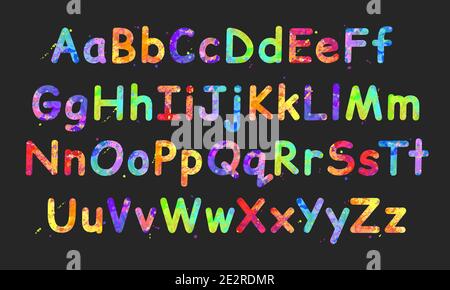 Alfabeto vettoriale inglese colorato con effetto di macchie liquide di vernice in colori vivaci, isolato su sfondo grigio scuro, perfetto per la stampa, poster. Illustrazione Vettoriale