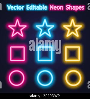 Cerchi, triangoli e stelle al neon luminosi in diversi colori vivaci contro una parete di mattoni scuri. Illustrazione Vettoriale