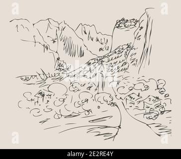 Villaggio, Svizzera, Lauterbrunnen. Illustrazione dello schizzo disegnata a mano nel vettore. Illustrazione Vettoriale