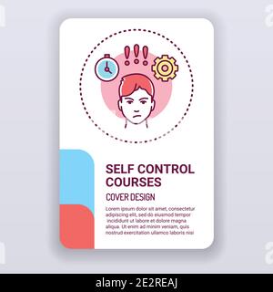 Modello di brochure dei corsi di autocontrollo. Psychologycal aiuto per coprire il design. Stampa il disegno con il carattere cartoon dell'illustrazione lineare su uno sfondo bianco Illustrazione Vettoriale