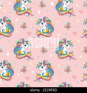 Modello magico senza giunture con testa di unicorno e farfalle isolate su sfondo rosa. Illustrazione vettoriale per festa, stampa, acquazzone del bambino, carta da parati, Illustrazione Vettoriale