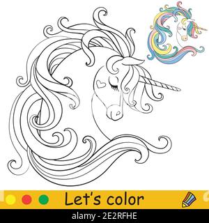 Cute testa unicorno con manie lunghe. Colorare la pagina del libro con il modello colorato. Illustrazione vettoriale del cartone animato isolata su sfondo bianco. Per colorazione bo Illustrazione Vettoriale