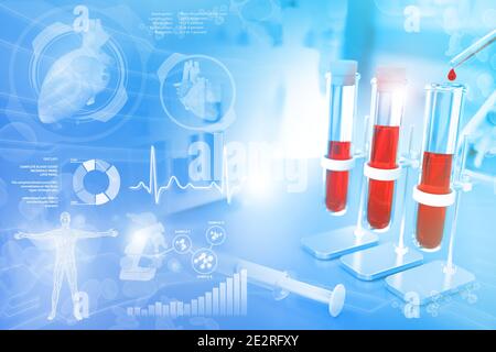Illustrazione 3D medica, fiale per provette in ufficio universitario - test genico del campione di sangue per alanina aminotransferasi o sodio con gradiente creativo Foto Stock
