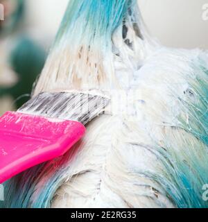Primo piano di stilista utilizzando pennello rosa mentre si applica vernice a cliente femminile con colore smeraldo dei capelli, processo di decolorazione delle radici dei capelli in parrucchiere Foto Stock