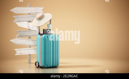 Valigia da viaggio, cappello, smartphone e fotocamera in piedi accanto a cartelli di direzione vuoti. Foto Stock