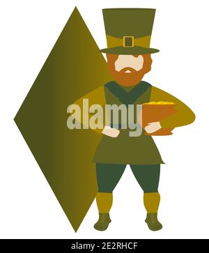 Leprechaun con vaso di tesoro. Simbolo del giorno di San Patrizio. Illustrazione vettoriale isolata per icona o elemento di disegno. Illustrazione Vettoriale