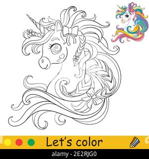 Cute testa unicorno con manie lunghe e nastri. Colorare la pagina del libro con il modello colorato. Illustrazione vettoriale del cartone animato isolata su sfondo bianco. Per Illustrazione Vettoriale