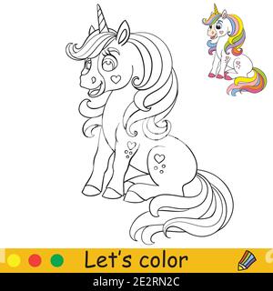 Carino seduta unicorno con mane lungo. Colorare la pagina del libro con il modello colorato. Illustrazione vettoriale del cartone animato isolata su sfondo bianco. Per colorazione Illustrazione Vettoriale