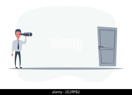 Uomo d'affari di fronte all'uscita. Uomo d'affari guardando in futuro. Uomo che usa il telescopio alla ricerca di successo, opportunità, business futuro Illustrazione Vettoriale