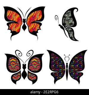 Insieme di quattro belle farfalle colorate isolate su uno sfondo bianco, disegno a mano illustrazione Illustrazione Vettoriale