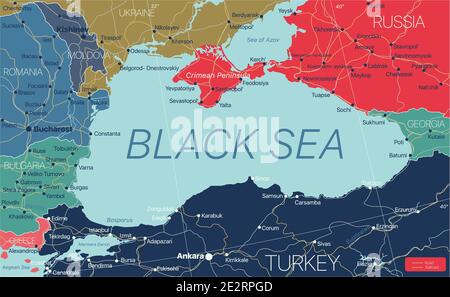 Regione del Mar Nero Mappa dettagliata modificabile con regioni città e città, strade e ferrovie, siti geografici. File vettoriale EPS-10 Illustrazione Vettoriale