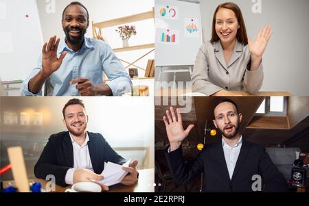 Multietnico. Schermo di headshot, visualizzazione delle applicazioni di diversi dipendenti hanno una conferenza web sul lavoro utilizzando una piattaforma moderna, sorridendo i colleghi durante il brainstorming online, briefing sulla videochiamata. Azienda remota. Foto Stock