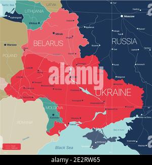 Paesi della Bielorussia e dell'Ucraina Mappa dettagliata modificabile con regioni città e città, strade e ferrovie, siti geografici. File vettoriale EPS-10 Illustrazione Vettoriale