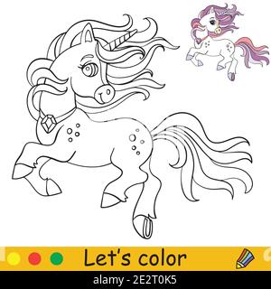 Carino unicorn running con mane lungo. Colorare la pagina del libro con il modello colorato. Illustrazione vettoriale del cartone animato isolata su sfondo bianco. Per colorazione Illustrazione Vettoriale