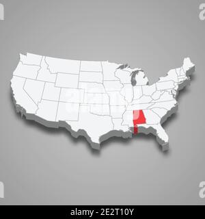Posizione dello stato dell'Alabama all'interno della mappa isometrica 3d degli Stati Uniti Illustrazione Vettoriale