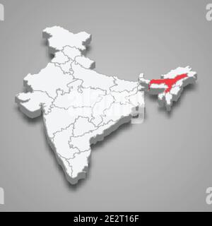 Posizione dello stato di Assam all'interno della mappa isometrica 3d dell'India Illustrazione Vettoriale