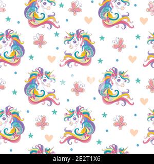 Modello magico senza giunture con testa di unicorno e farfalle isolate su sfondo bianco. Illustrazione vettoriale per party, stampa, baby shower, sfondo Illustrazione Vettoriale