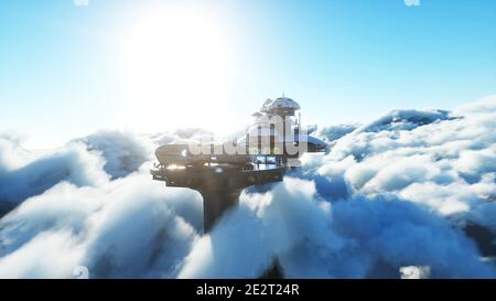 futuristica stazione della città sulle nuvole. Navi futuristiche volanti. Concetto di futuro. rendering 3d. Foto Stock