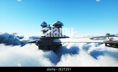 futuristica stazione della città sulle nuvole. Navi futuristiche volanti. Concetto di futuro. rendering 3d. Foto Stock