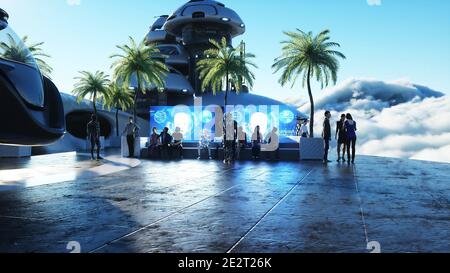 Persone e robot. Futuristica stazione della città sulle nuvole. Navi futuristiche volanti. rendering 3d. Foto Stock