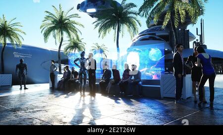 Persone e robot. Futuristica stazione della città sulle nuvole. Navi futuristiche volanti. rendering 3d. Foto Stock