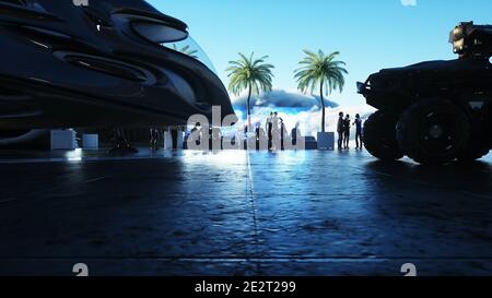 Persone e robot. Futuristica stazione della città sulle nuvole. Navi futuristiche volanti. rendering 3d. Foto Stock