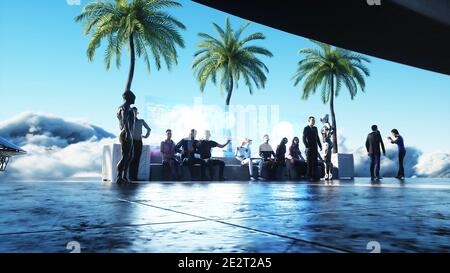 Persone e robot. Futuristica stazione della città sulle nuvole. Navi futuristiche volanti. rendering 3d. Foto Stock