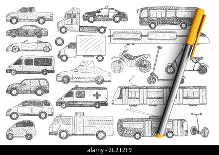 Tipi di veicoli doodle set. Collezione di auto trafilate a mano autobus scooter polizia camion auto filobus ciclobus isolato su sfondo trasparente. Illustrazione delle modalità di trasporto e dei tipi di auto su strada Illustrazione Vettoriale