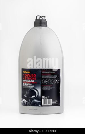 Cinque litri di olio per motociclette Halfords 10/W40 Foto Stock