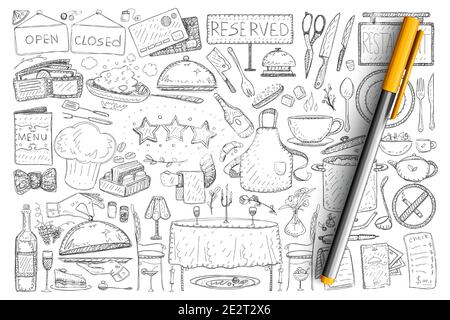 Ristorante e caffè elementi doodle set. Raccolta di uomini disegnati a mano, tavoli, cartelli, bottiglie e cibo servito in ristoranti isolati su sfondo trasparente. Illustrazione dei cartelli del bistrot in funzione Illustrazione Vettoriale