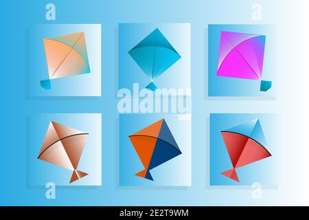 Set di sfondo Kite colorato. Illustrazioni vettoriali Illustrazione Vettoriale
