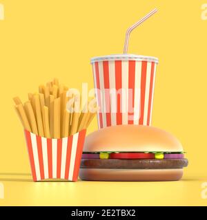 Hamburger, patatine fritte e piatto fast food cola Foto Stock