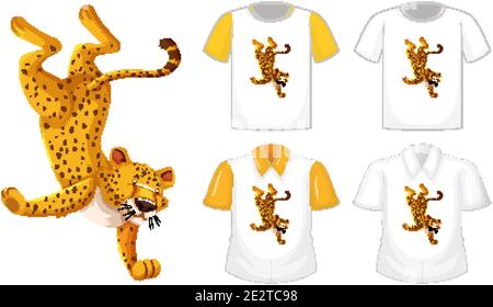 Leopardo in posizione danzante personaggio cartoon con molti tipi di camicie su sfondo bianco illustrazione Illustrazione Vettoriale