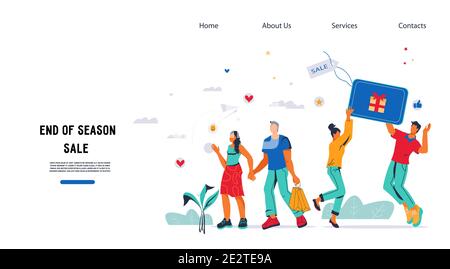 Modello di sito di vendita di fine stagione con personaggi, illustrazione vettoriale piatta. Illustrazione Vettoriale