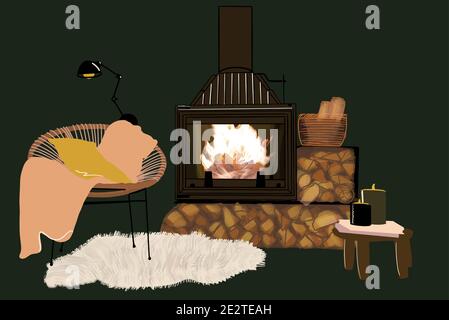 Soggiorno con camino e legno accogliente decorato. Illustrazione vettoriale in toni pastello Illustrazione Vettoriale