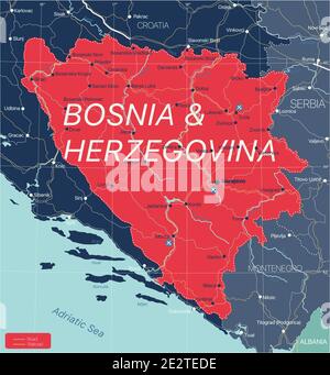 Paese Bosnia-Erzegovina Mappa dettagliata modificabile con regioni città e città, strade e ferrovie, siti geografici. File vettoriale EPS-10 Illustrazione Vettoriale