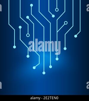 Sfondo elettronico blu scuro con linea. Tecnologia del pattern della scheda a circuito stampato. Illustrazione vettoriale in piano. Illustrazione Vettoriale