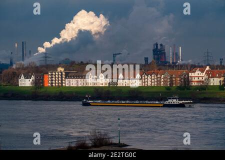 Il fiume Reno vicino a Duisburg, case sulla diga del Reno, Laar distretto, ThyssenKrupp acciaio acciaierie a Brukhausen, nave da carico, Duisburg, NRW, Germa Foto Stock