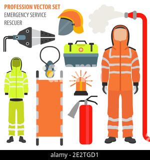 Set professione e occupazione. Attrezzatura`s soccorritore, personale di servizio di emergenza uniforme piano design icona.Vector illustrazione Illustrazione Vettoriale