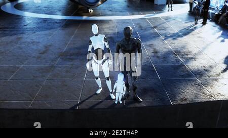 famiglia robotica in una stazione futuristica tra le nuvole, sullo sfondo di una città in volo. Concetto di famiglia del futuro. rendering 3d. Foto Stock