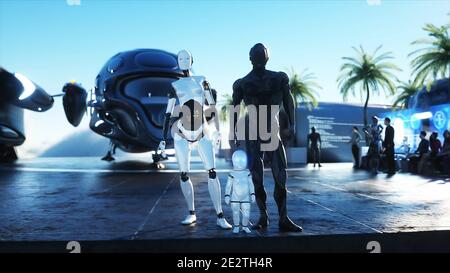 famiglia robotica in una stazione futuristica tra le nuvole, sullo sfondo di una città in volo. Concetto di famiglia del futuro. rendering 3d. Foto Stock