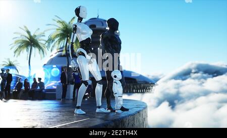 famiglia robotica in una stazione futuristica tra le nuvole, sullo sfondo di una città in volo. Concetto di famiglia del futuro. rendering 3d. Foto Stock