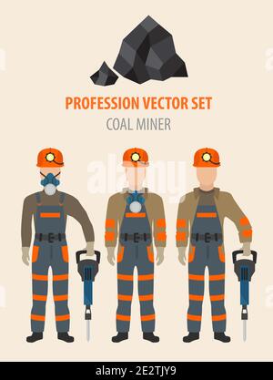 Set professione e occupazione. Attrezzature per estrazione del carbone, minatori, design piatto icona.illustrazione vettoriale Illustrazione Vettoriale